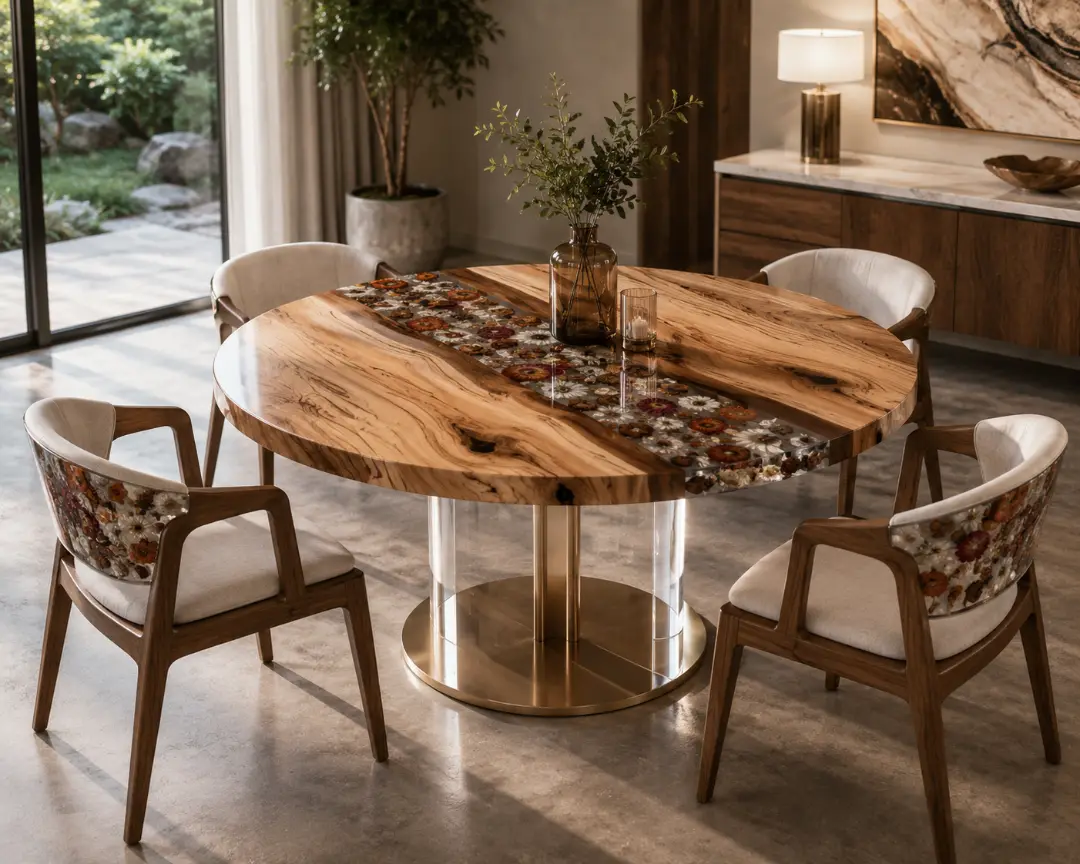 Custom Epoxy Flower Round Dining Table with Flower Epoxy RDT016