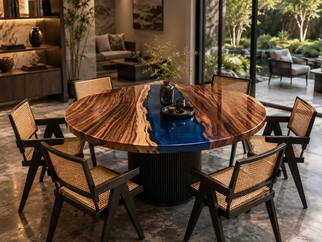 Custom River Round Dining Table with Ocean Blue Epoxy RDT017
