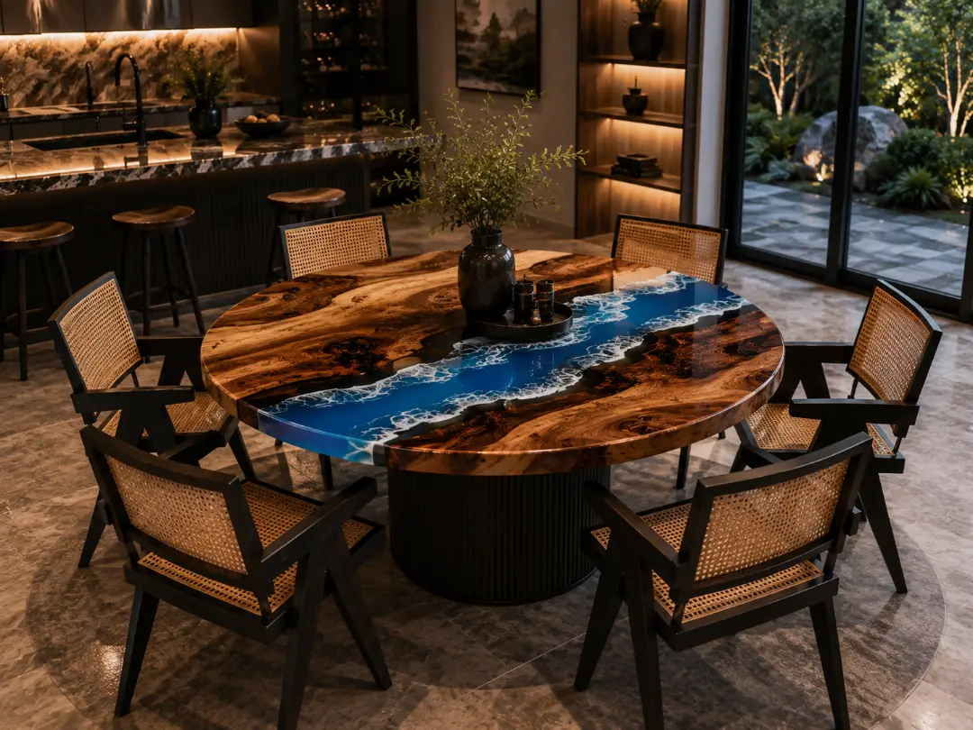 Custom Ocean & Beach Round Dining Table with Ocean Blue Epoxy RDT020
