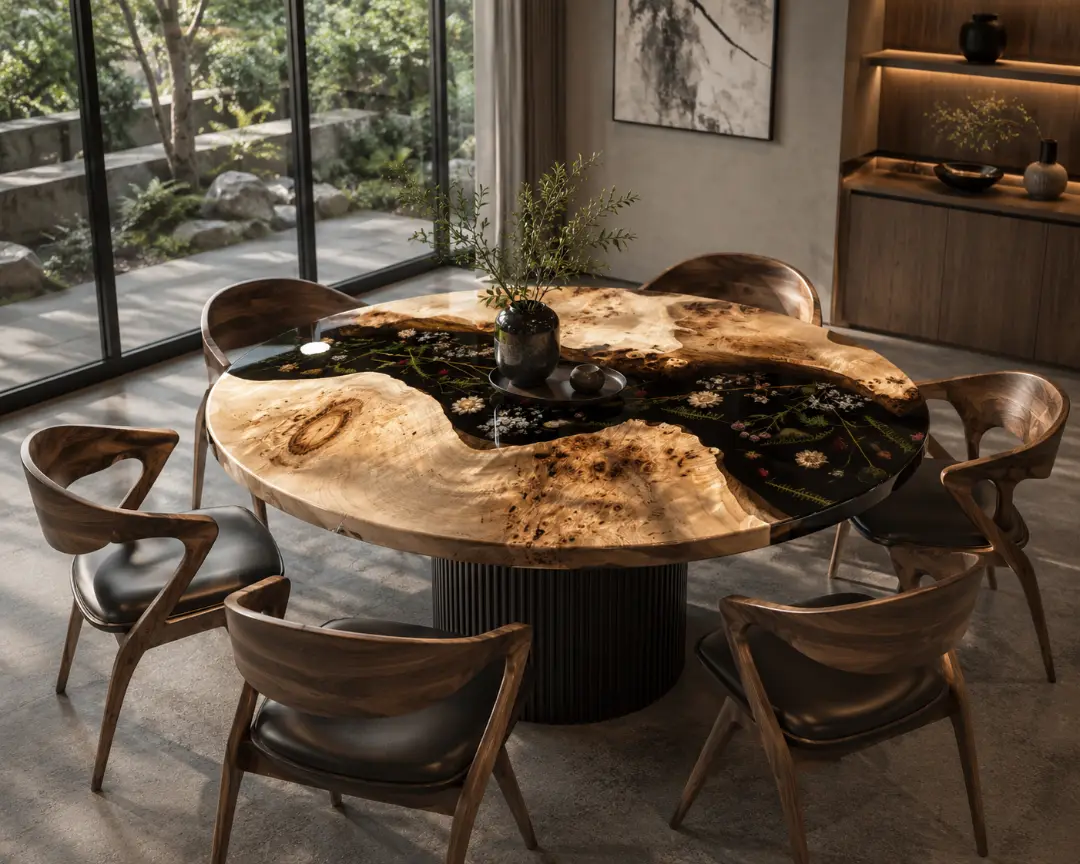 Custom Epoxy Flower Round Dining Table with Flower Epoxy RDT024