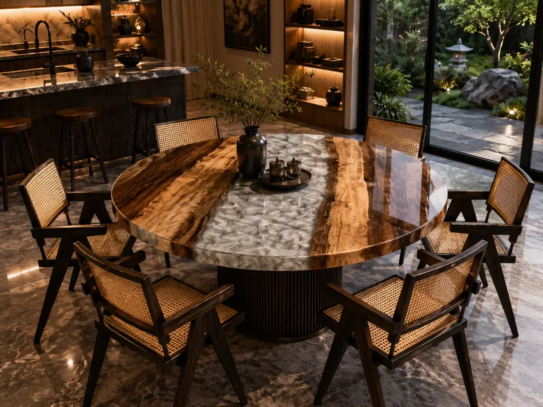 Custom River Round Dining Table with White Epoxy RDT025
