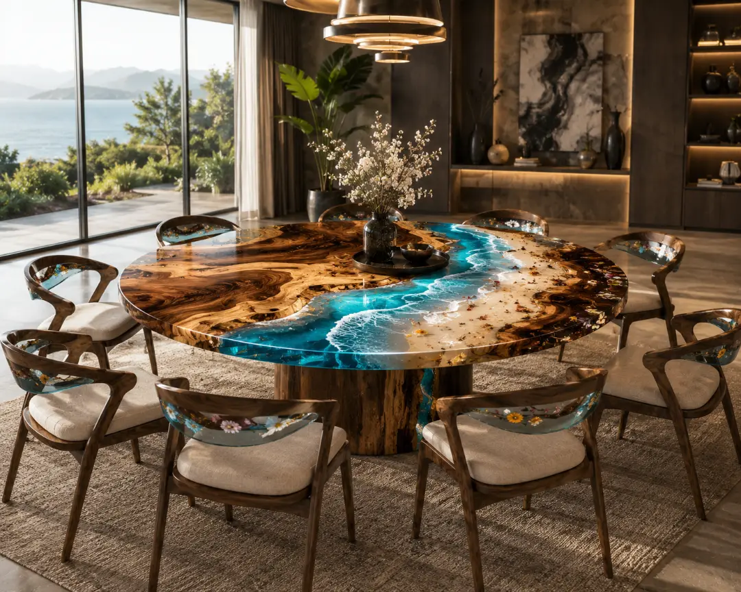 Custom Ocean & Beach Round Dining Table with Ocean Blue Epoxy RDT038