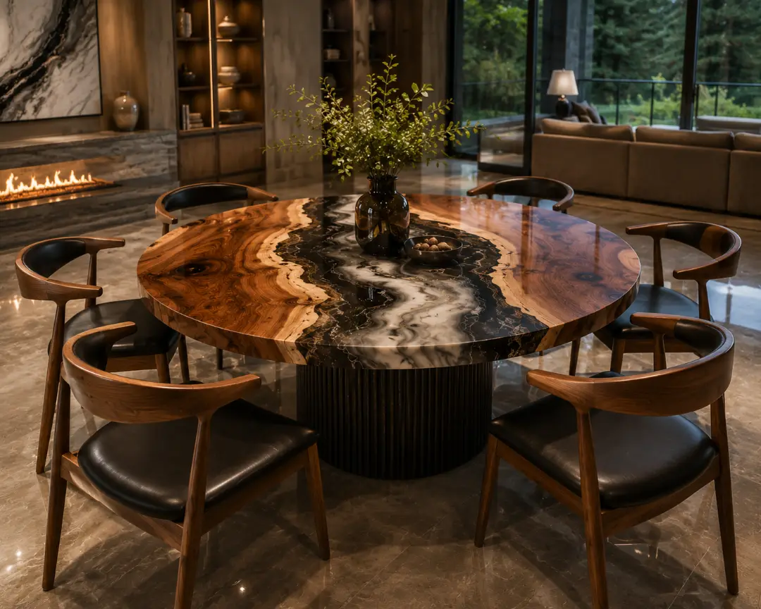 Custom River Round Dining Table with Black Epoxy RDT042