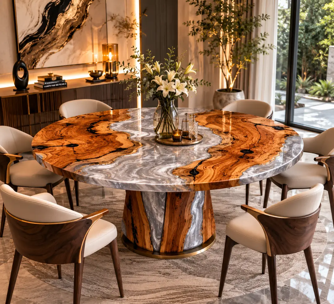 Custom River Round Dining Table with White Epoxy RDT043