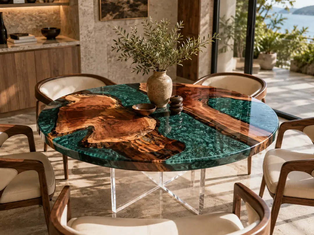 Custom River Round Dining Table with Ocean Blue Epoxy RDT047