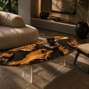 Custom Burl Wood Live Edge Epoxy End Tables with Black Epoxy RE001