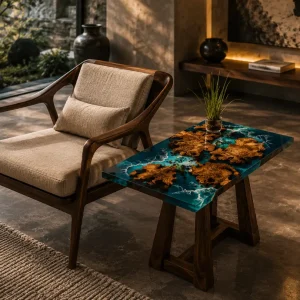 Custom Burl Wood Ocean & Beach Epoxy End Tables with Blue Epoxy RE003