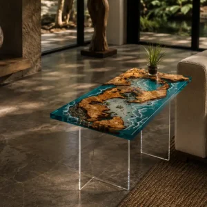 Custom Burl Wood Ocean & Beach Epoxy End Tables with Blue Epoxy RE004