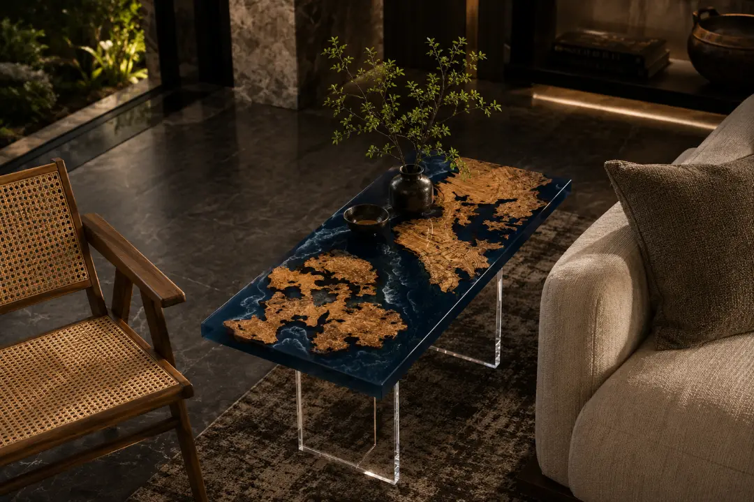 Custom Burl Wood Ocean & Beach Epoxy End Tables with Blue Epoxy RE005
