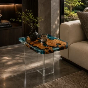 Custom Burl Wood Ocean & Beach Epoxy End Tables with Blue Epoxy RE006