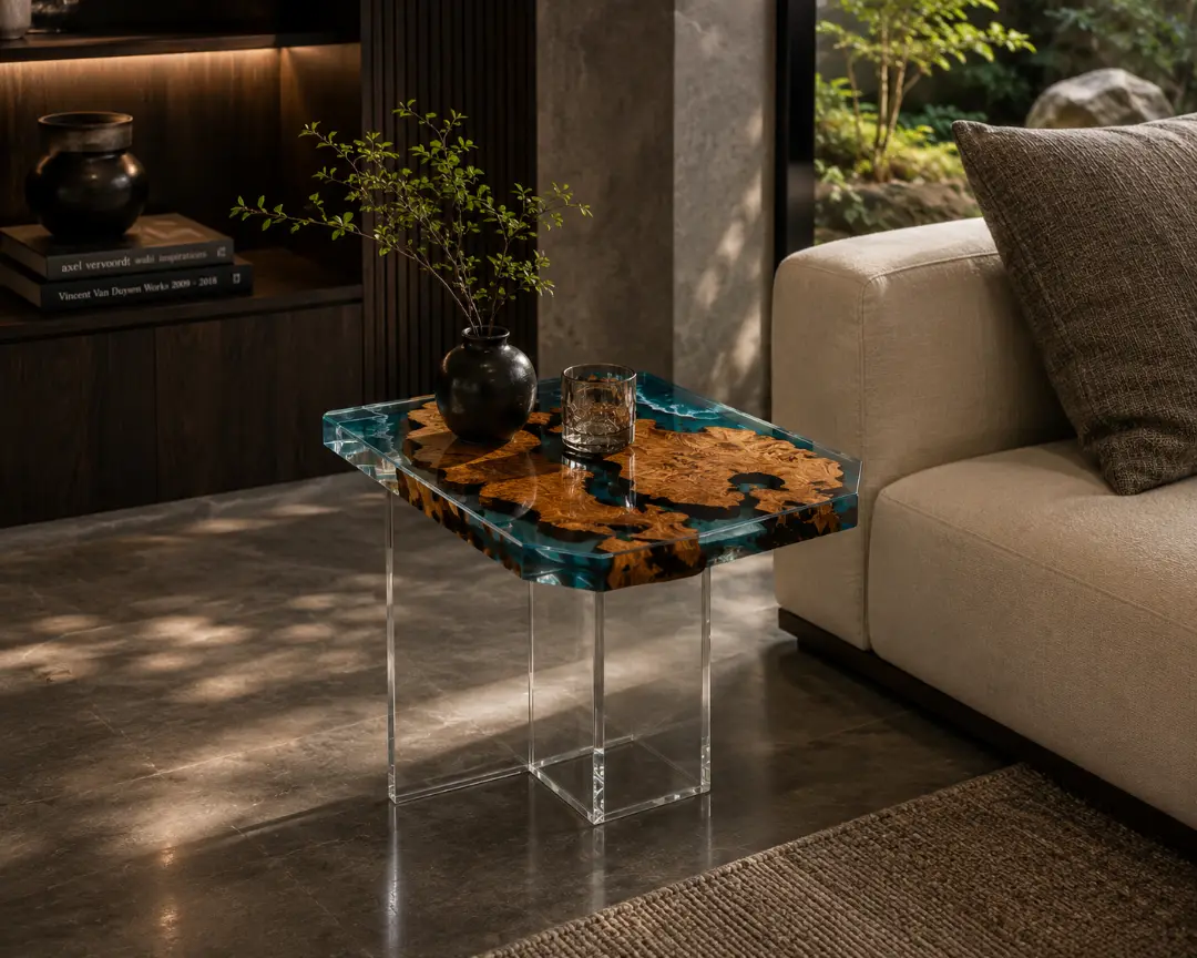 Custom Burl Wood Ocean & Beach Epoxy End Tables with Blue Epoxy RE006