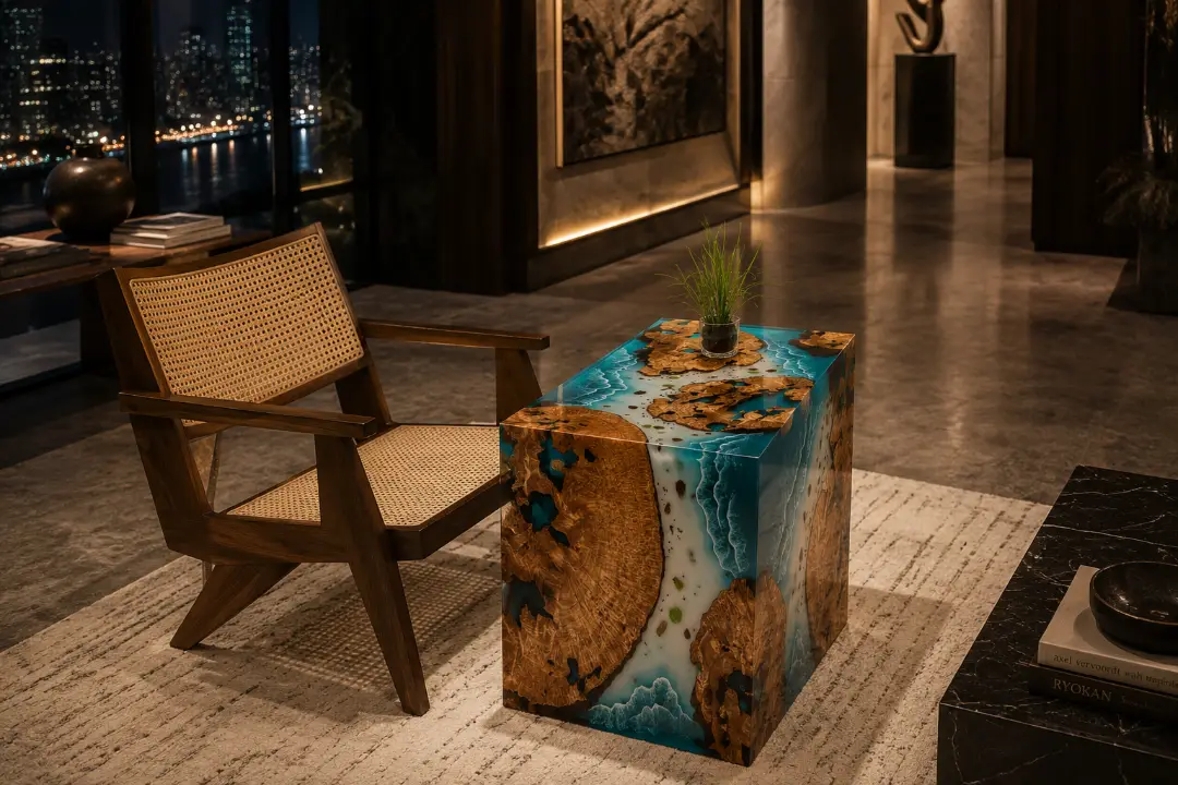 Custom Burl Wood Ocean & Beach Epoxy End Tables with Blue Epoxy RE007