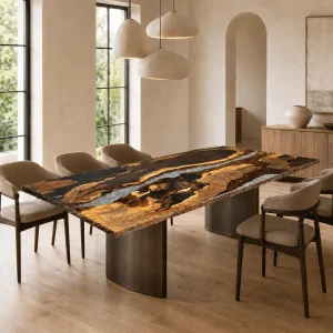 Handcrafted Epoxy River Table with and Glacier epoxy resin SKU RT004