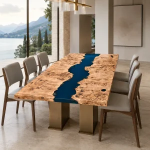 Handcrafted Epoxy River Table with and Blue epoxy resin SKU RT005