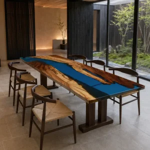 Designer Epoxy River Table featuring Blue epoxy resin product RT009