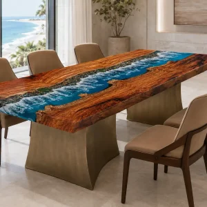 Premium custom Epoxy River Table with Ocean Blue epoxy resin SKU RT010