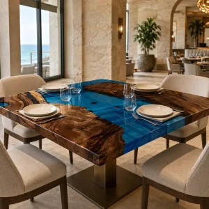 Custom Walnut Live Edge Epoxy Restaurant Table Top with Blue Epoxy RTT001
