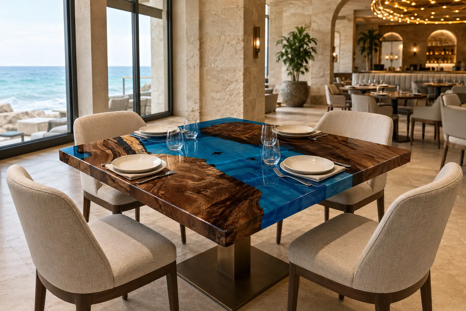 Custom Walnut Live Edge Epoxy Restaurant Table Top with Blue Epoxy RTT001