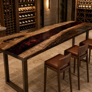 Custom Walnut River Epoxy Restaurant Table Top with Black&Red Epoxy RTT002