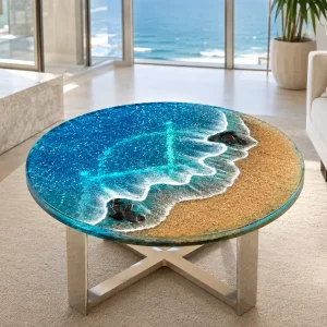 Custom Live Edge Epoxy Restaurant Table Top with Blue Epoxy RTT003