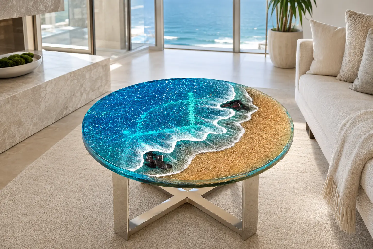 Custom Live Edge Epoxy Restaurant Table Top with Blue Epoxy RTT003