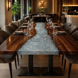 Custom Walnut River Epoxy Restaurant Table Top with White Epoxy RTT004