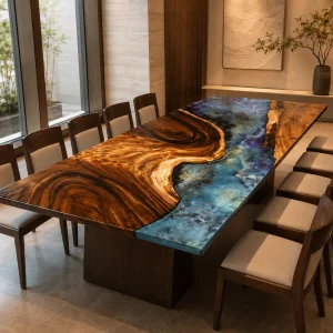 Custom Walnut Live Edge Epoxy Restaurant Table Top with Galaxy Epoxy RTT005