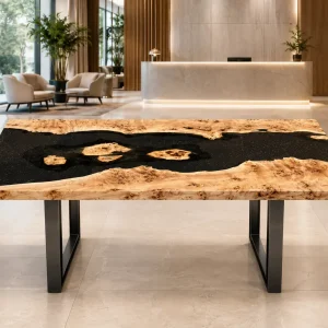 Custom French Poplar Live Edge Epoxy Restaurant Table Top with Black Epoxy RTT007