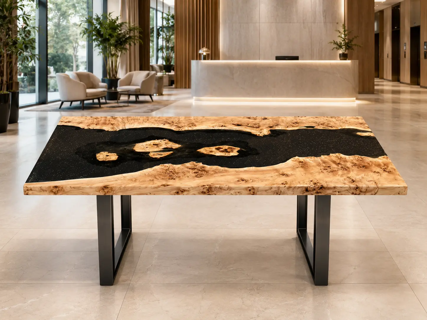 Custom French Poplar Live Edge Epoxy Restaurant Table Top with Black Epoxy RTT007