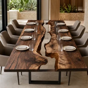 Custom Black Walnut River Epoxy Restaurant Table Top with Crystal Clear Epoxy RTT008