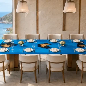 Custom French Poplar Ocean Beach Epoxy Restaurant Table Top with Blue Epoxy RTT010