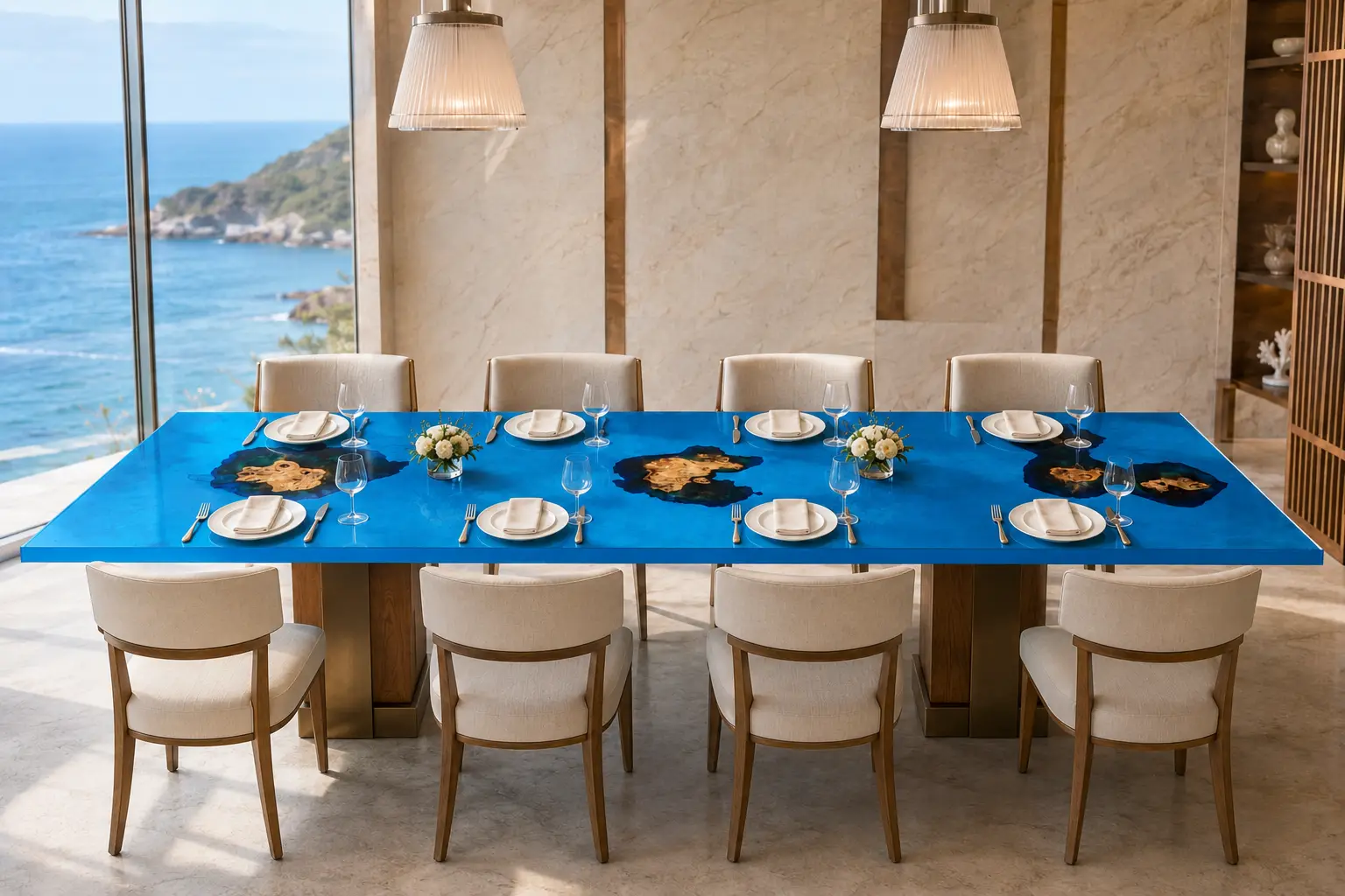 Custom French Poplar Ocean Beach Epoxy Restaurant Table Top with Blue Epoxy RTT010