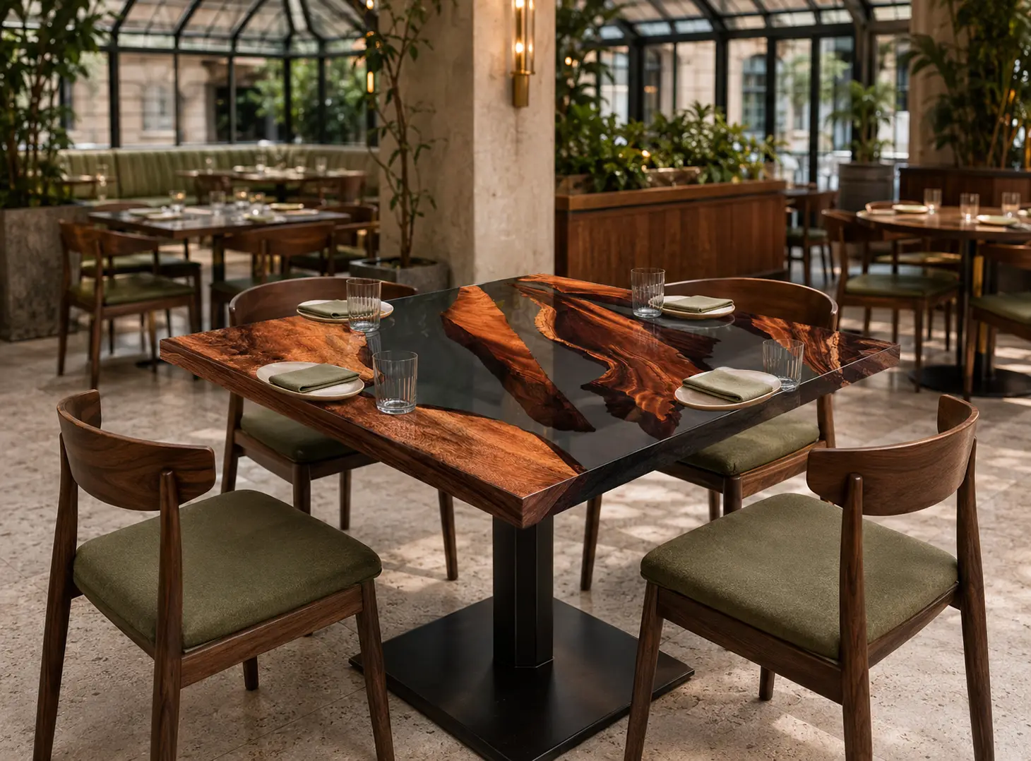 Custom Walnut Live Edge Epoxy Restaurant Table Top with Grey Epoxy RTT012