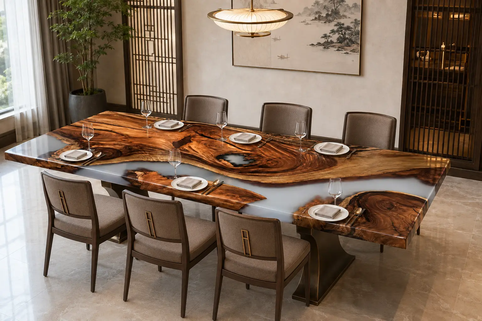 Custom Walnut Live Edge Epoxy Restaurant Table Top with White Epoxy RTT013