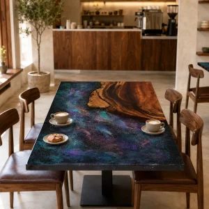 Custom Walnut Live Edge Epoxy Restaurant Table Top with Galaxy Epoxy RTT014