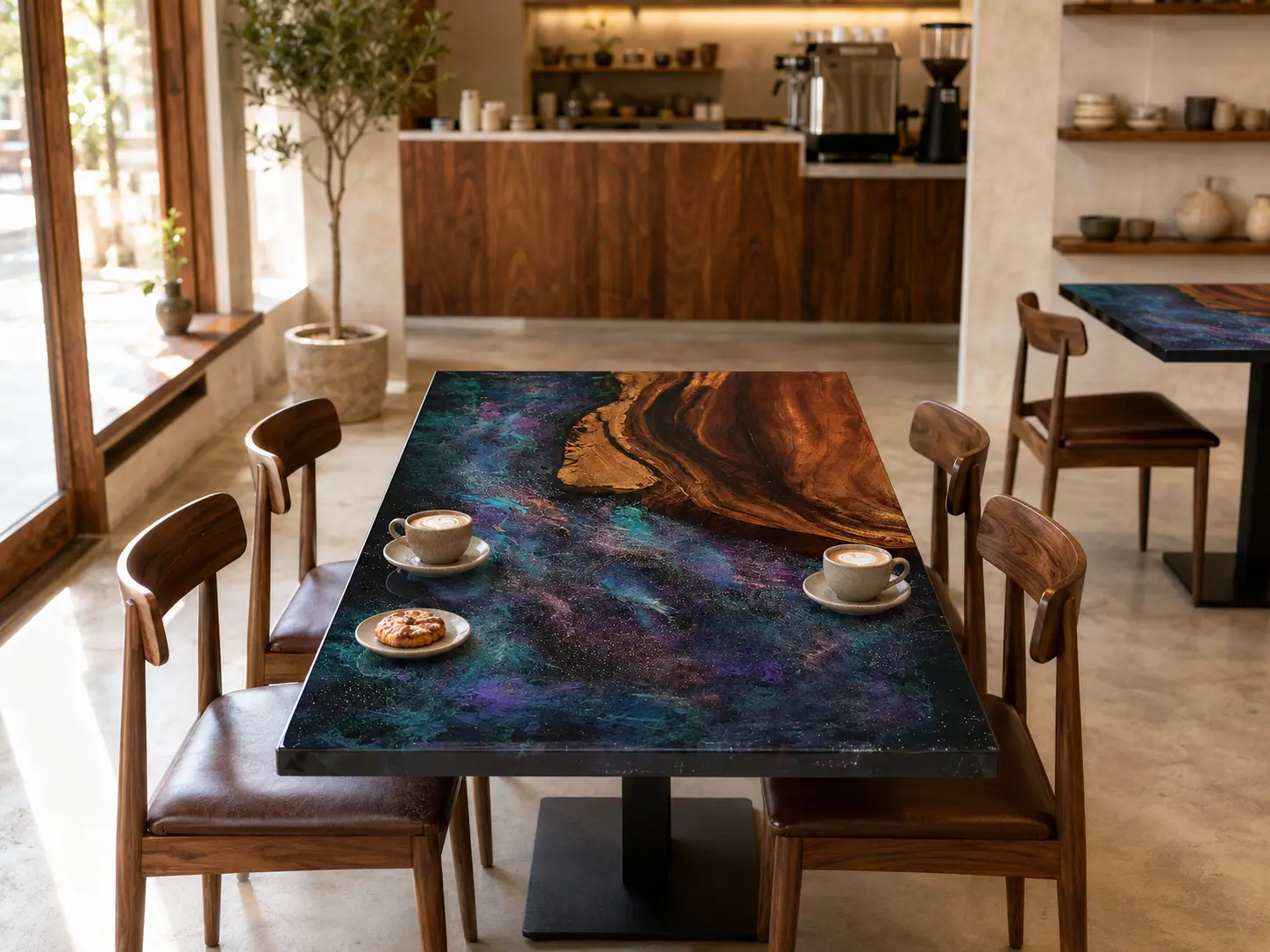 Custom Walnut Live Edge Epoxy Restaurant Table Top with Galaxy Epoxy RTT014