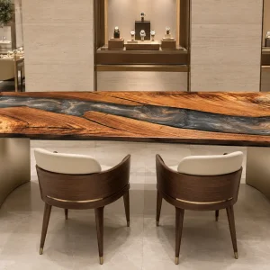 Custom Italian Olive Wood Live Edge Epoxy Restaurant Table Top with Grey Epoxy RTT015