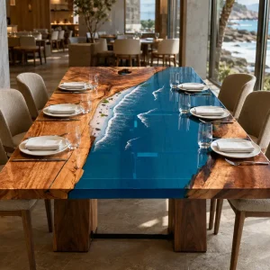 Custom Walnut Ocean Beach Epoxy Restaurant Table Top with Blue Epoxy RTT016