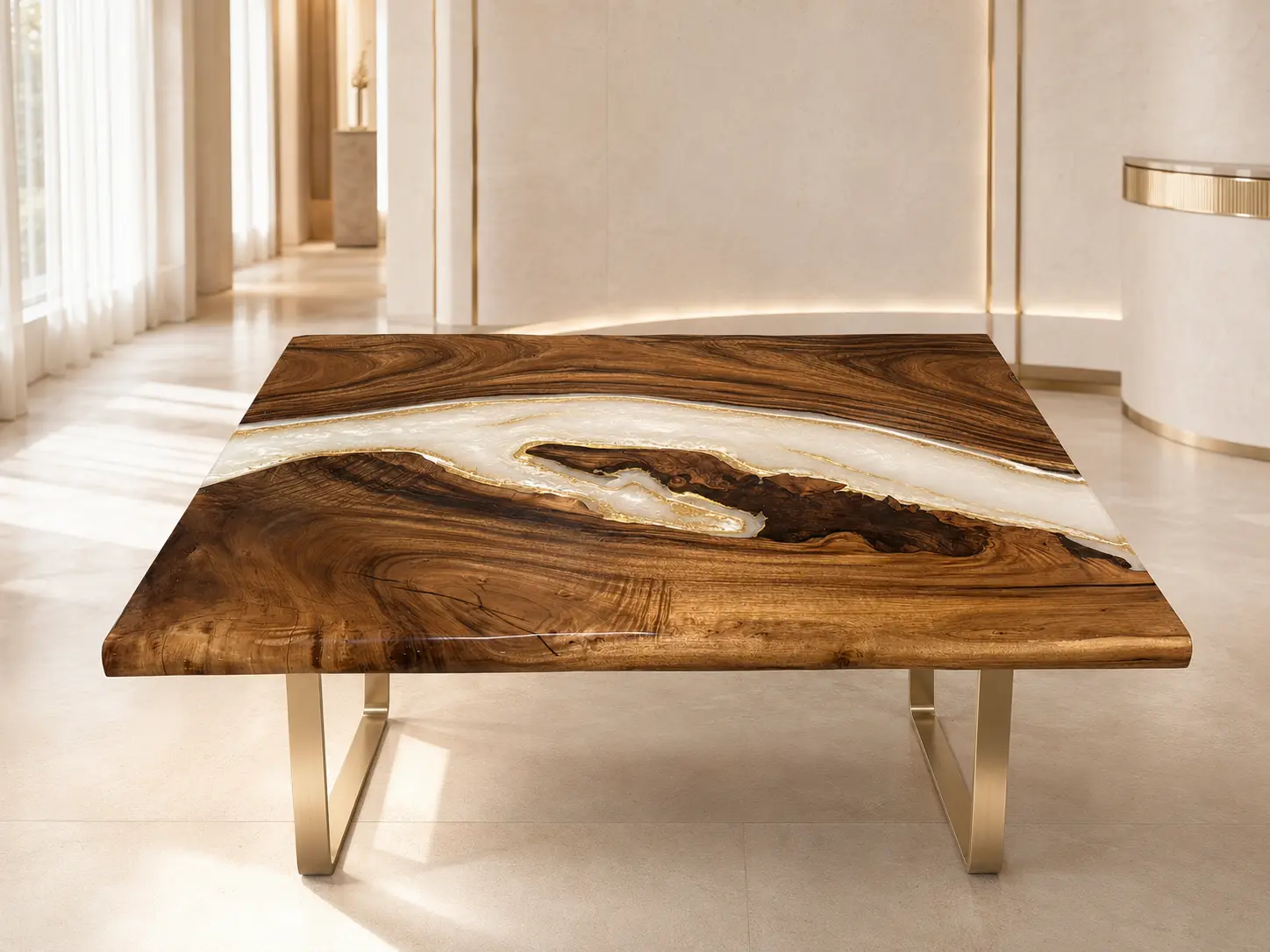 Custom Walnut Live Edge Epoxy Restaurant Table Top with White Epoxy RTT017