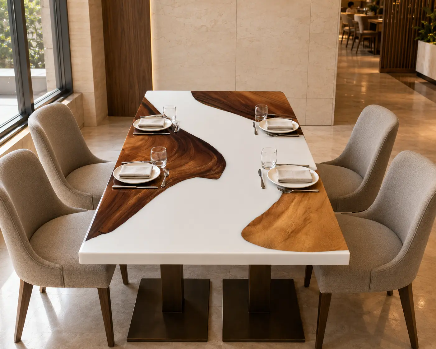 Custom Walnut Live Edge Epoxy Restaurant Table Top with White Epoxy RTT018