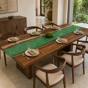 Custom Walnut River Epoxy Restaurant Table Top with Green Epoxy RTT020