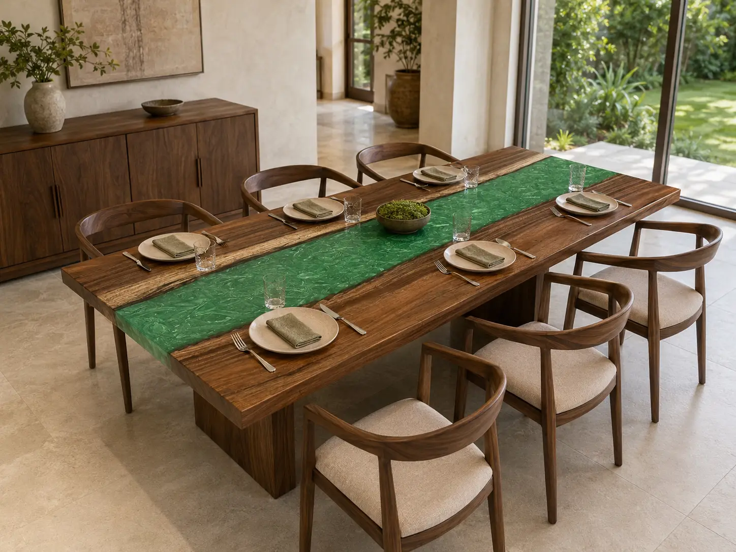 Custom Walnut River Epoxy Restaurant Table Top with Green Epoxy RTT020
