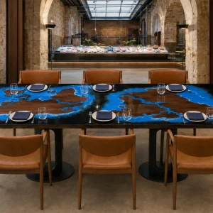 Custom Walnut Map Epoxy Restaurant Table Top with Blue Epoxy RTT021
