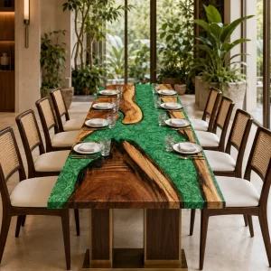 Custom Walnut Live Edge Epoxy Restaurant Table Top with Green Epoxy RTT024