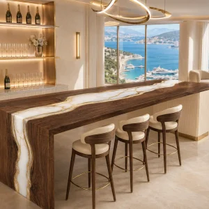 Custom Black Walnut Waterfall Epoxy Restaurant Table Top with White Epoxy RTT026