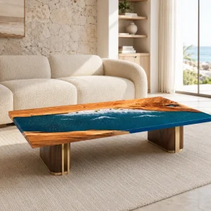 Custom Walnut Ocean Beach Epoxy Restaurant Table Top with Blue Epoxy RTT028