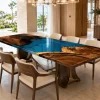 Custom Walnut Live Edge Epoxy Restaurant Table Top with Blue Epoxy RTT029