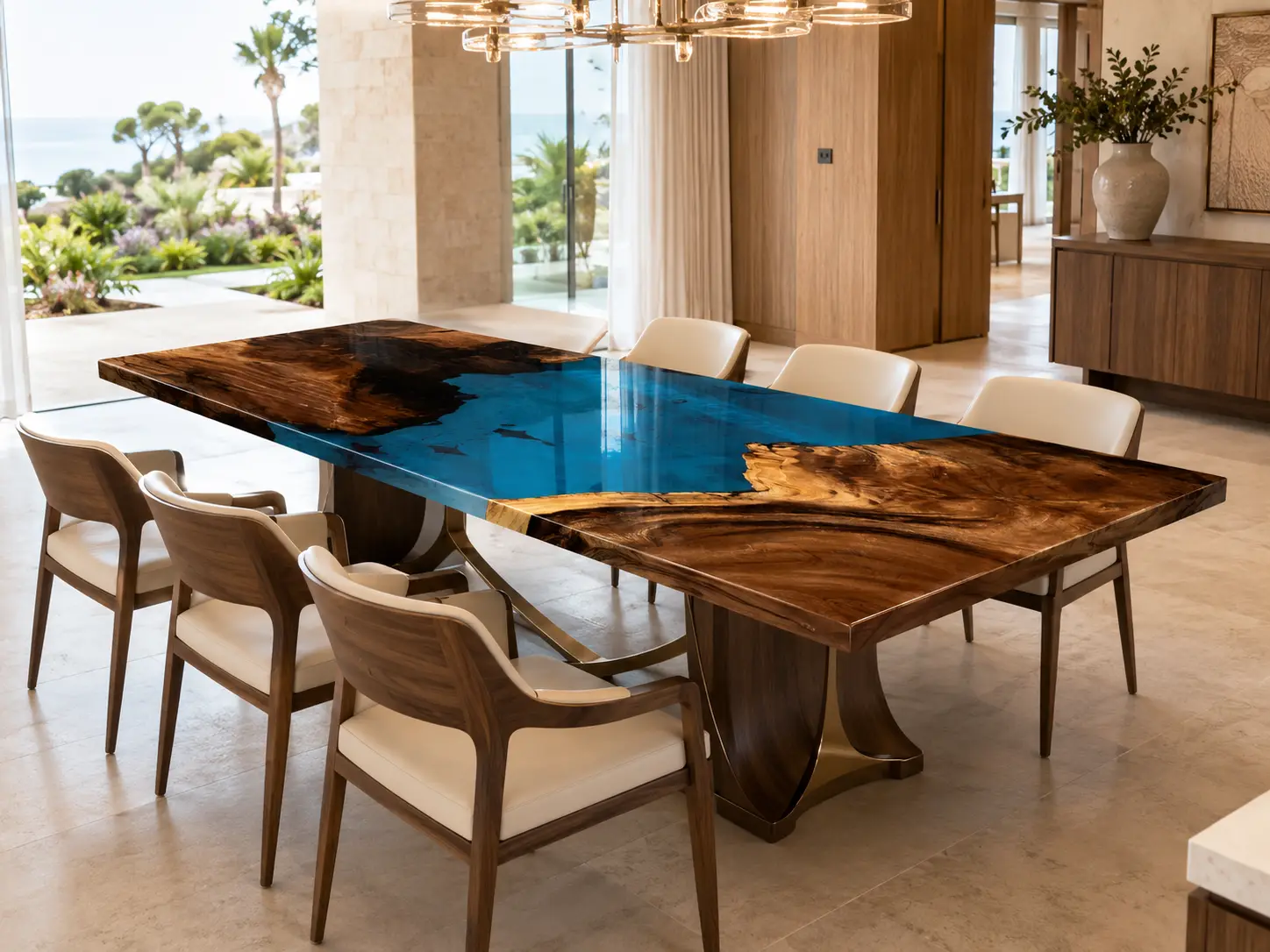 Custom Walnut Live Edge Epoxy Restaurant Table Top with Blue Epoxy RTT029
