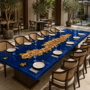 Custom French Poplar Live Edge Epoxy Restaurant Table Top with Blue Epoxy RTT030