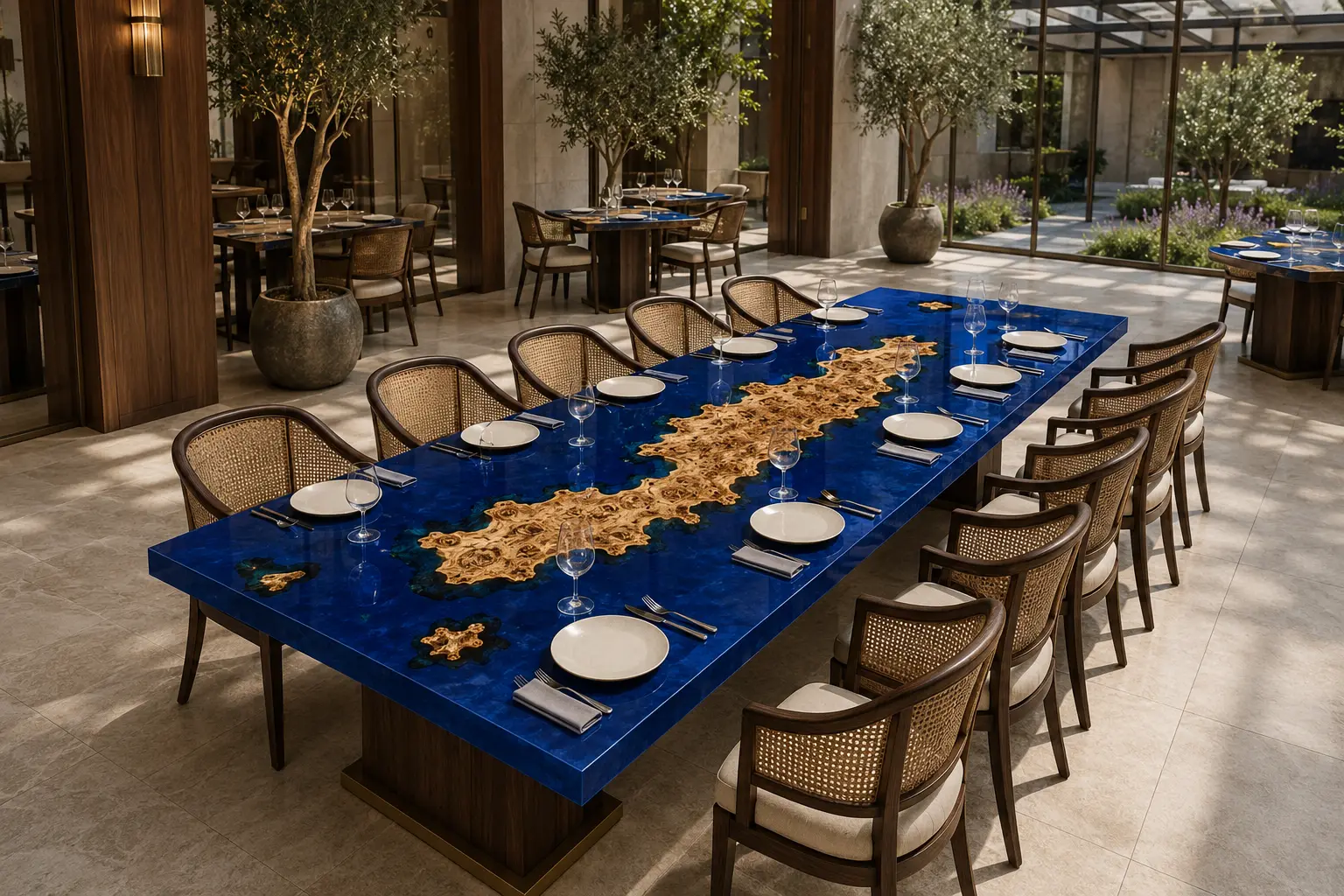 Custom French Poplar Live Edge Epoxy Restaurant Table Top with Blue Epoxy RTT030
